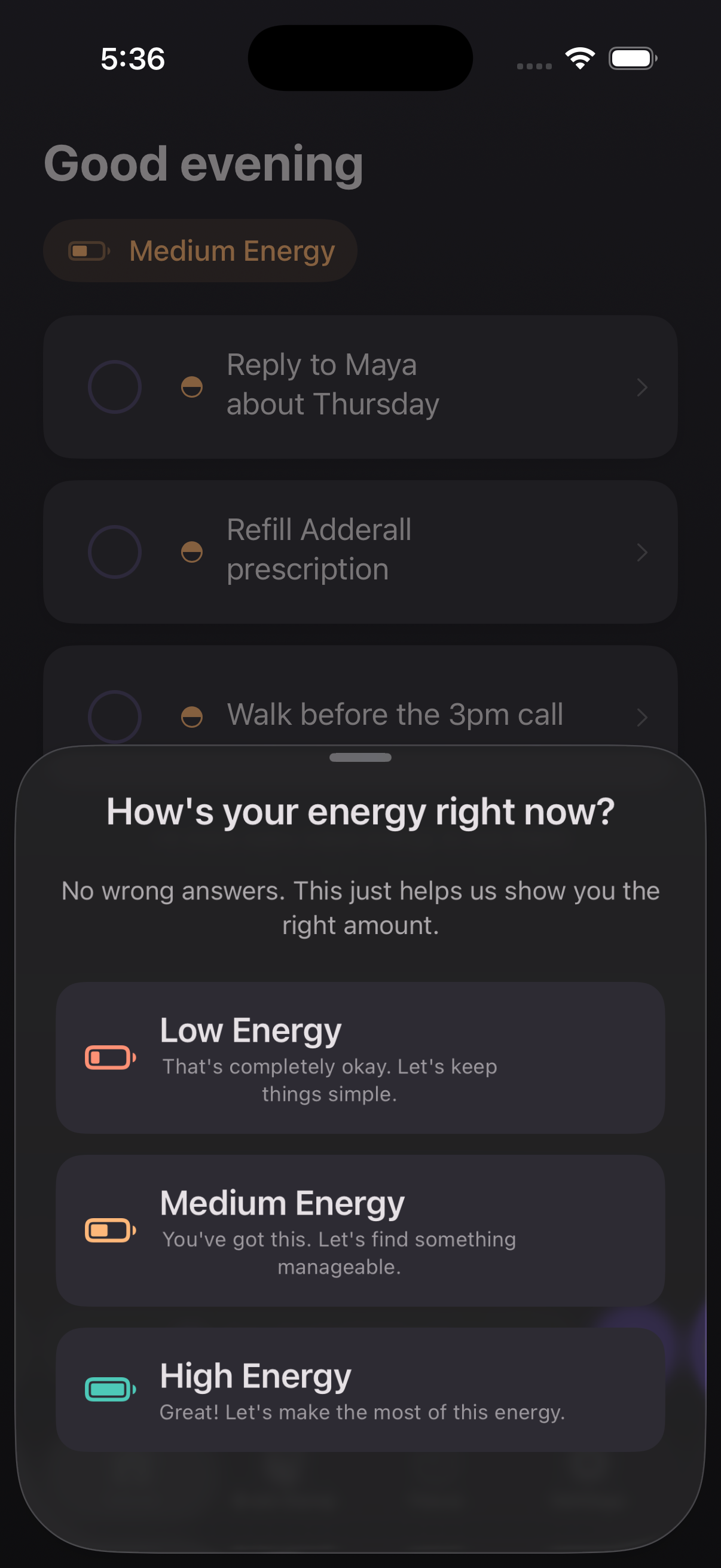 Energy Battery picker — 'How's your energy right now? No wrong answers.' with Low, Medium, and High options, each with shame-free framing